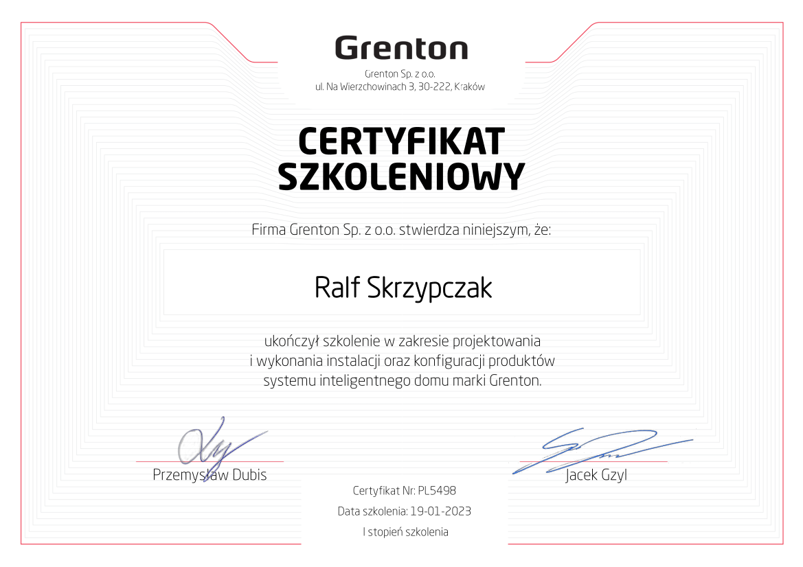 Certyfikat Grenton Smart Home Żórawnina